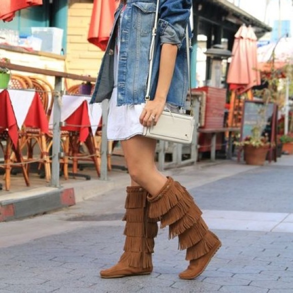Women's 5 Layer Fringe Knee High Suede Boots
